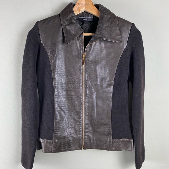 Dana Buchman: Snake Skin Full Zip Up Leather Jacket Stretchy Brown Size Petite P - Picture 1 of 7